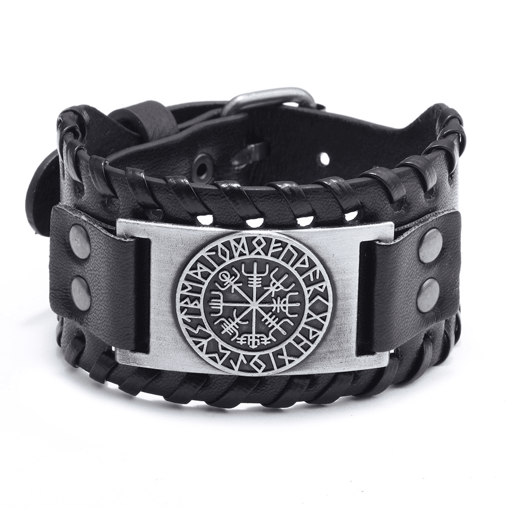 Viking Compass Runes Cuff Leather Bracelet Bangle