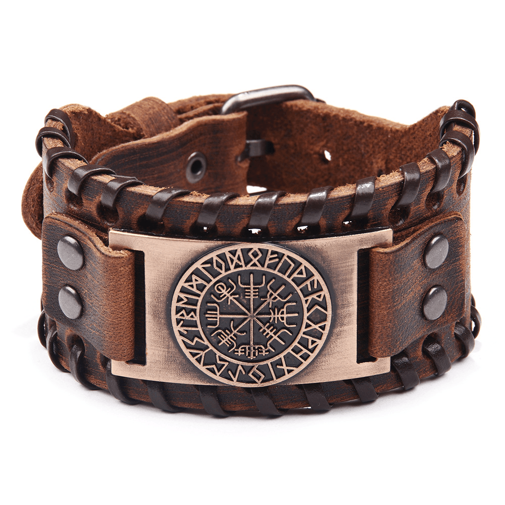 Viking Compass Runes Cuff Leather Bracelet Bangle - Image 3