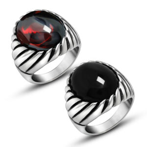 Vintage red and black agate titanium steel ring