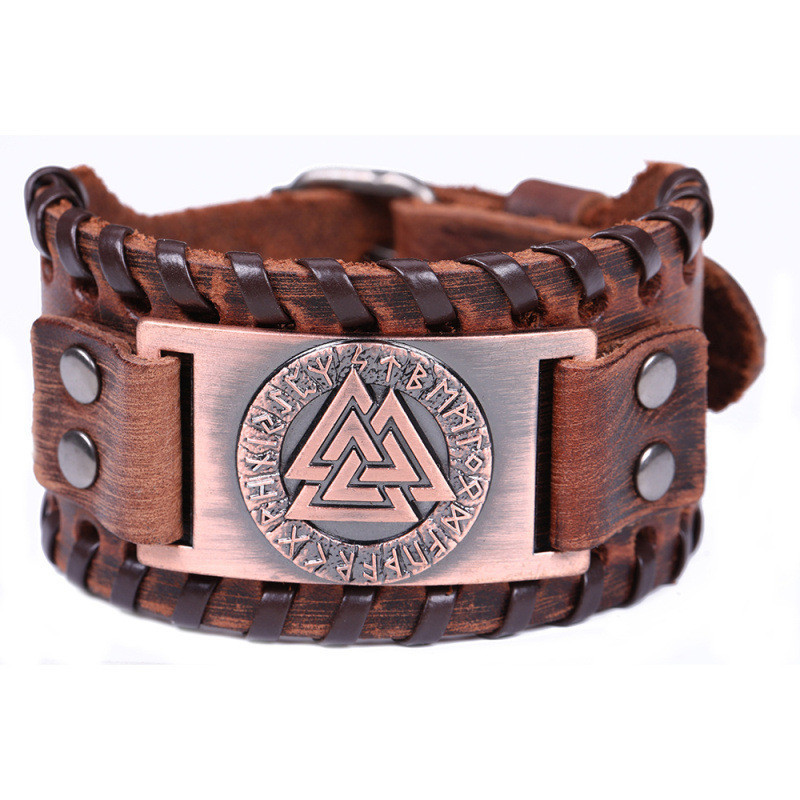 Nordic Vintage Viking Totem Leather Bracelet Odin Luenwen Men's Bracelet - Image 3