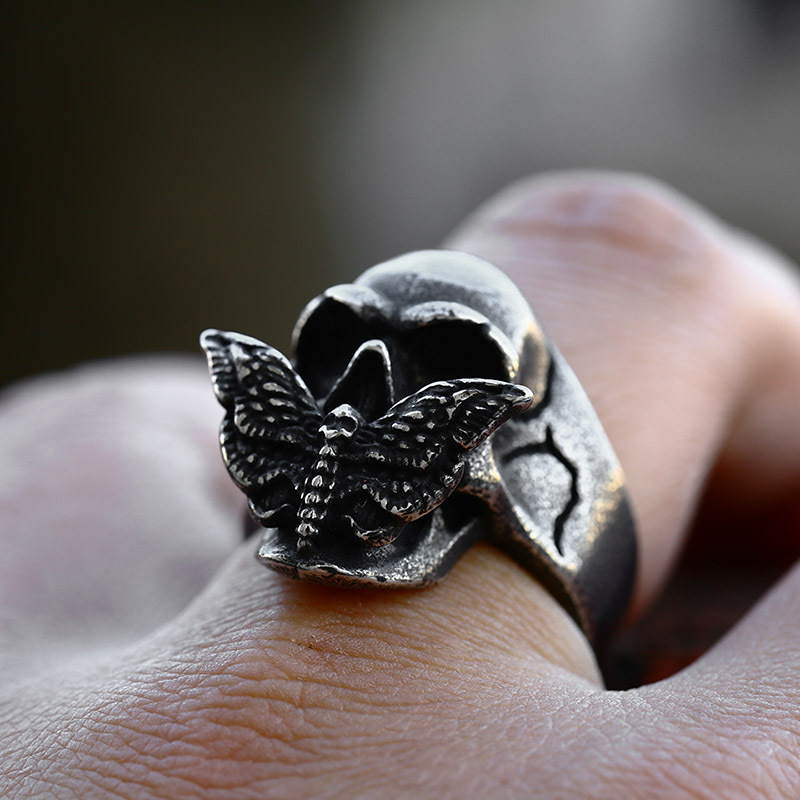 Skeleton Moth Stainless Steel Cast Men's Ring - Image 3