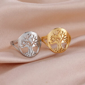 Real Gold Plating Non-fading Titanium Steel Hollow Small Tree Shape Stainless Steel Ring