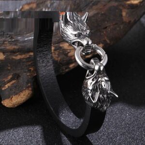 New Viking Titanium Steel Wolf Head Handmade Leather Rope Bracelet