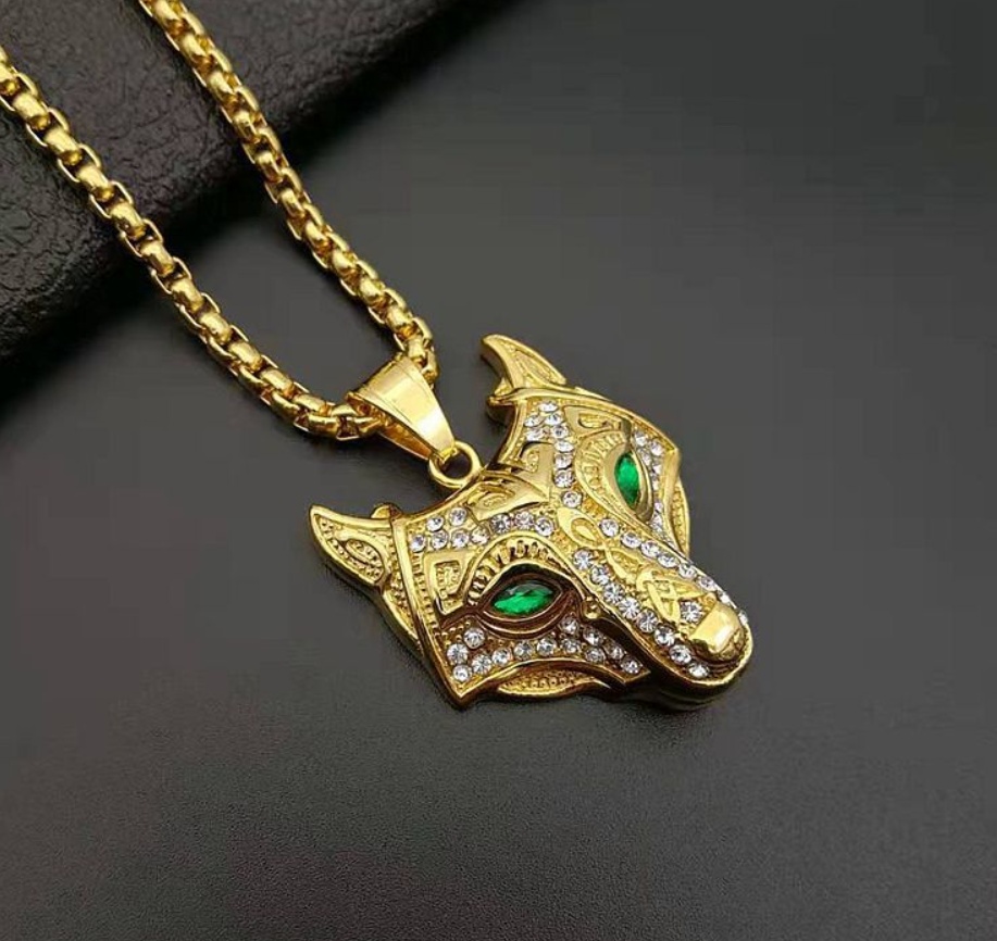 Men Stainless Steel Necklace Gold Color Viking Wolf Head Necklace Pendant With Chain Iced Out Norse Talisman Ethnic Jewelry - Image 4