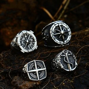 Vintage Compass Titanium Steel Ring Men’s Boat Anchor Ring