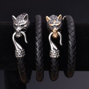 Viking Men’s Stainless Steel Wolf Head Leather Bracelet
