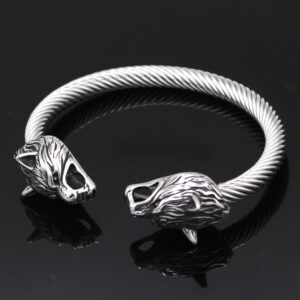 Viking Steel Color Double Wolf Head Bracelet Vintage Men’s