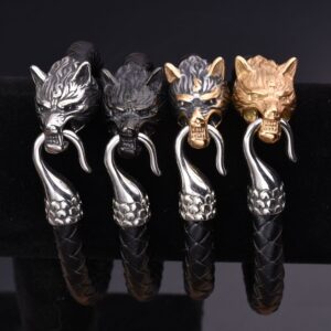 Viking Men’s Stainless Steel Wolf Head Leather Bracelet