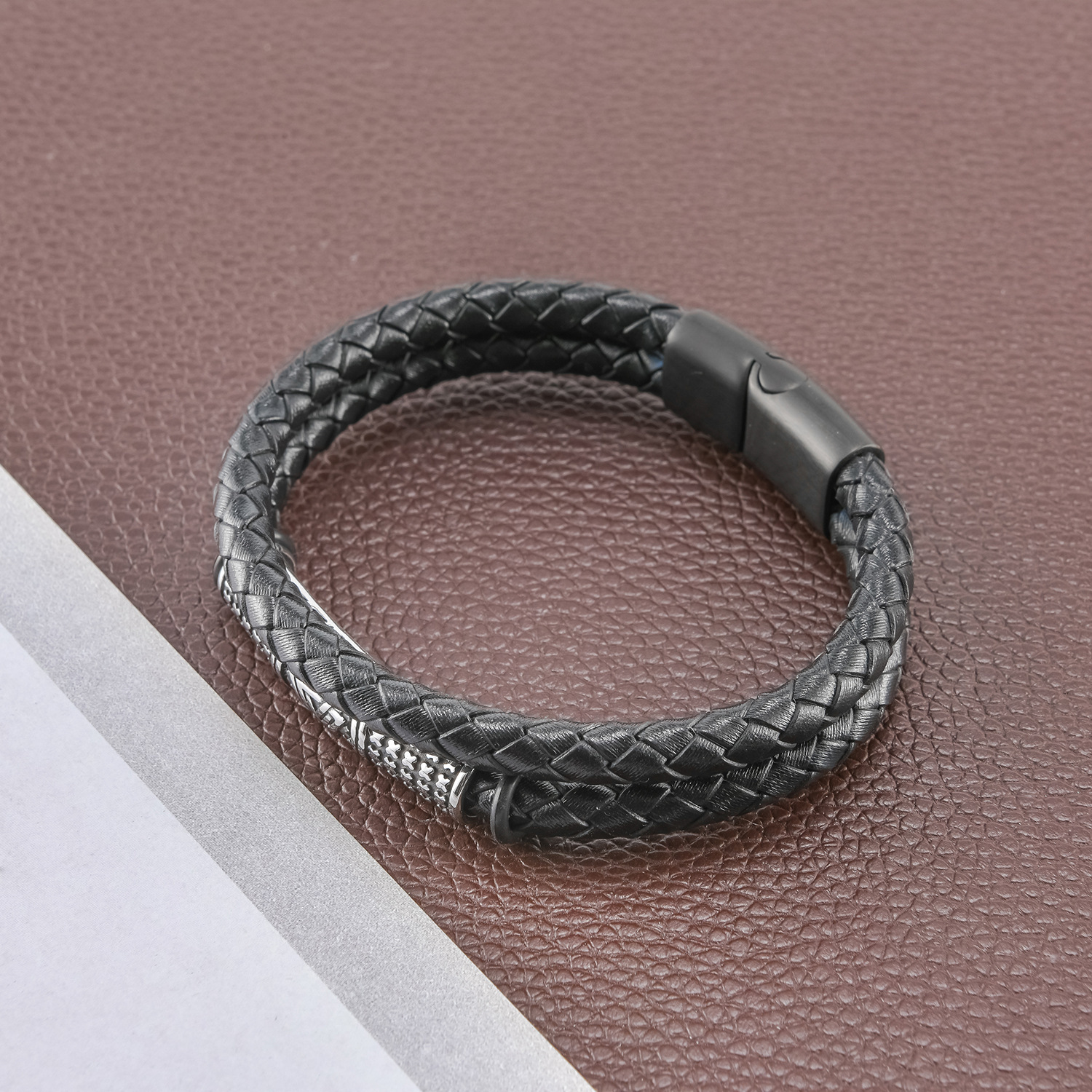 Nordic Viking Simple Men's Leather Titanium Steel Bracelet European And American Double Woven - Image 2