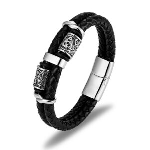 Nordic Viking Stainless Steel Braided Leather Rope Men’s Bracelet