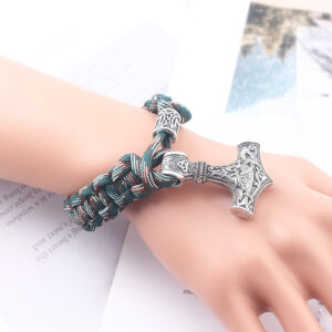 Vintage Metal Viking Thor’s Hammer Camo Braided Bracelet