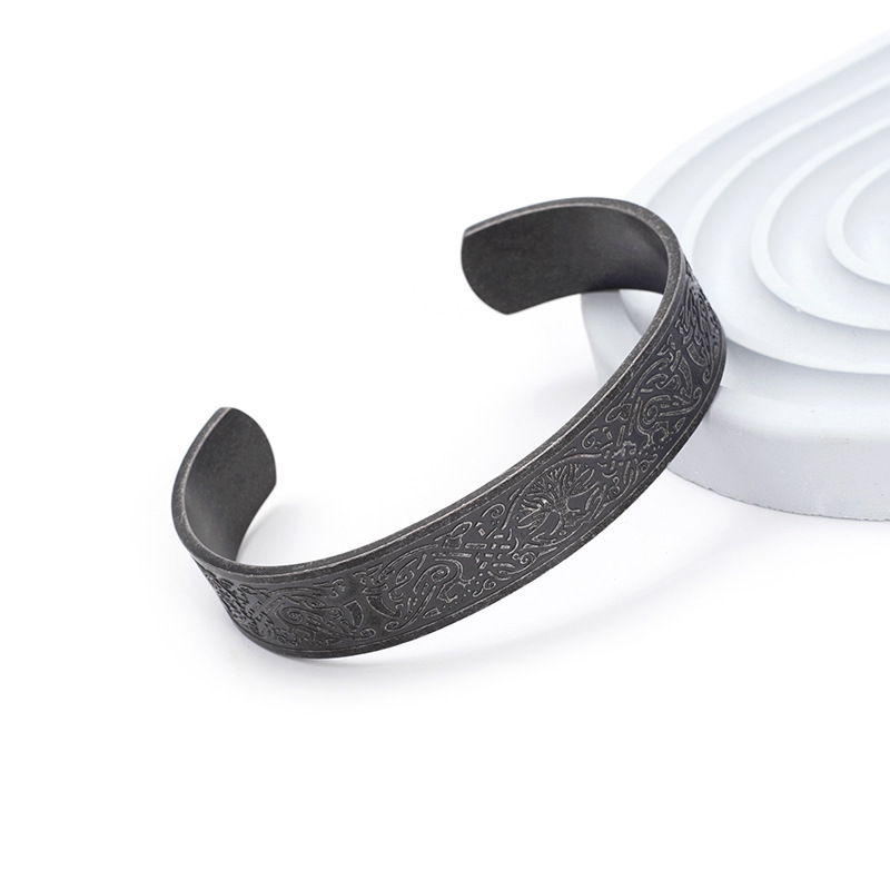 Nordic Viking Pattern Lucky Tree Celtic Knot Stainless Steel Vintage C- Shaped Bracelet - Image 5