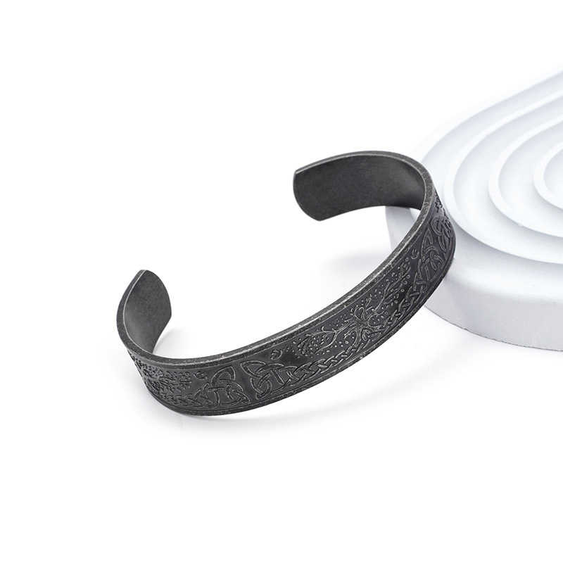 Nordic Viking Pattern Lucky Tree Celtic Knot Stainless Steel Vintage C- Shaped Bracelet - Image 9