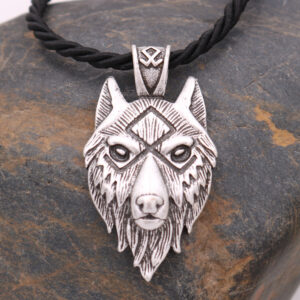 Viking Wolf Head Metal Necklace Luna Rune Amulet