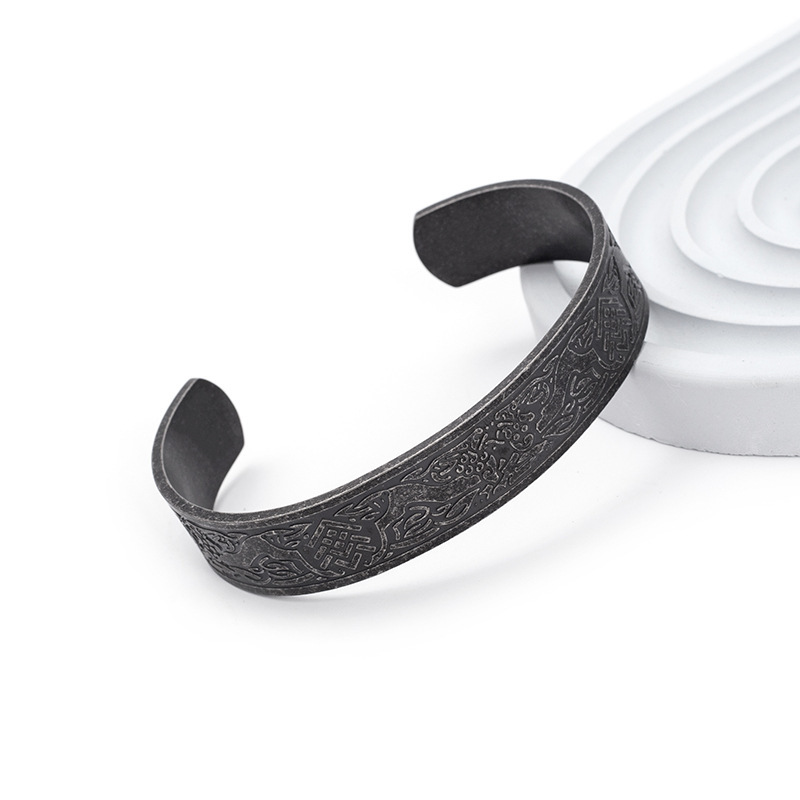 Nordic Viking Pattern Lucky Tree Celtic Knot Stainless Steel Vintage C- Shaped Bracelet - Image 6