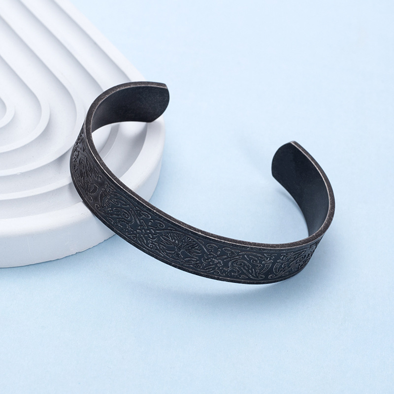 Nordic Viking Pattern Lucky Tree Celtic Knot Stainless Steel Vintage C- Shaped Bracelet - Image 2