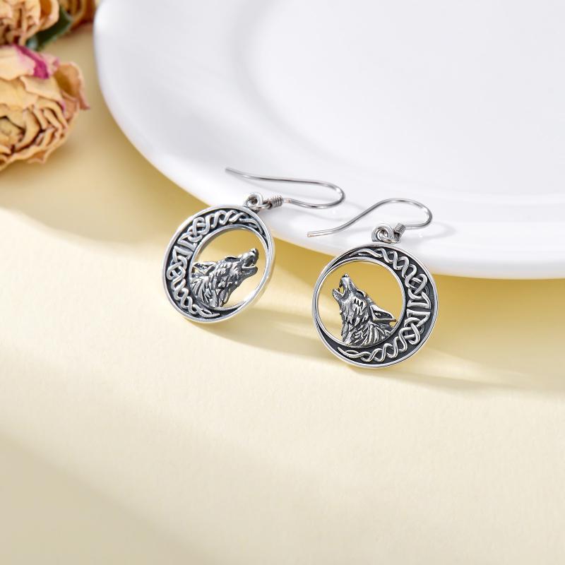 Wolf Celtic Moon Dangle Drop Earrings in Sterling Silver - Image 3