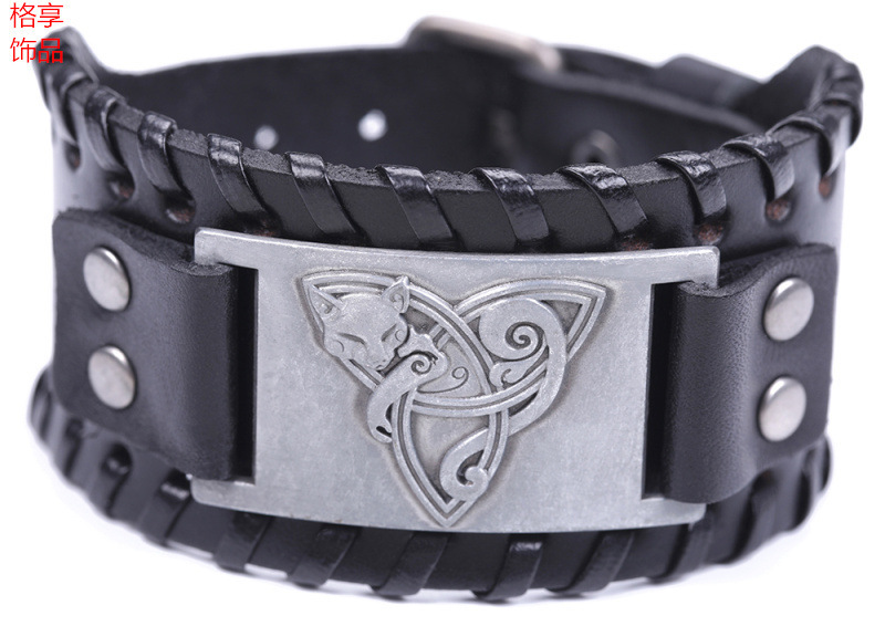 Men's Antique Silver Fox Retro Cattle Leather Bracelet - Image 2
