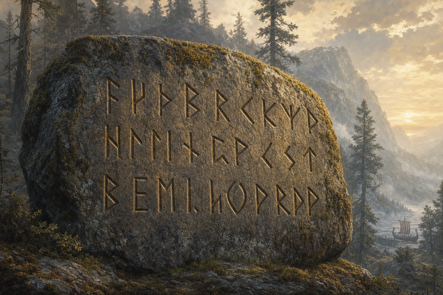 Elder Futhark runic alphabet carved into stone, with each rune clearly visible