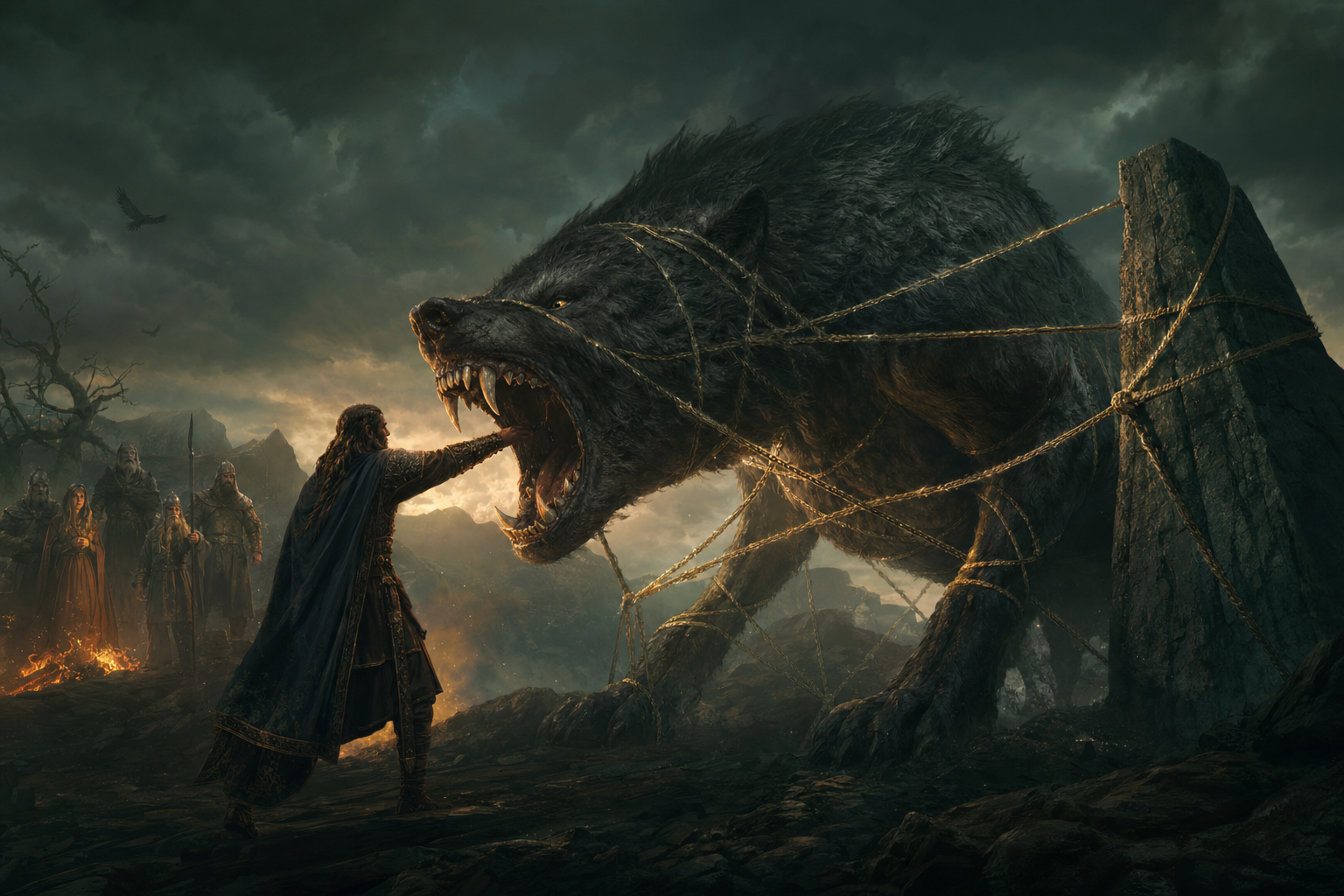 Norse artwork depicting Fenrir the great wolf bound by the magical ribbon Gleipnir, with Tyr losing his hand