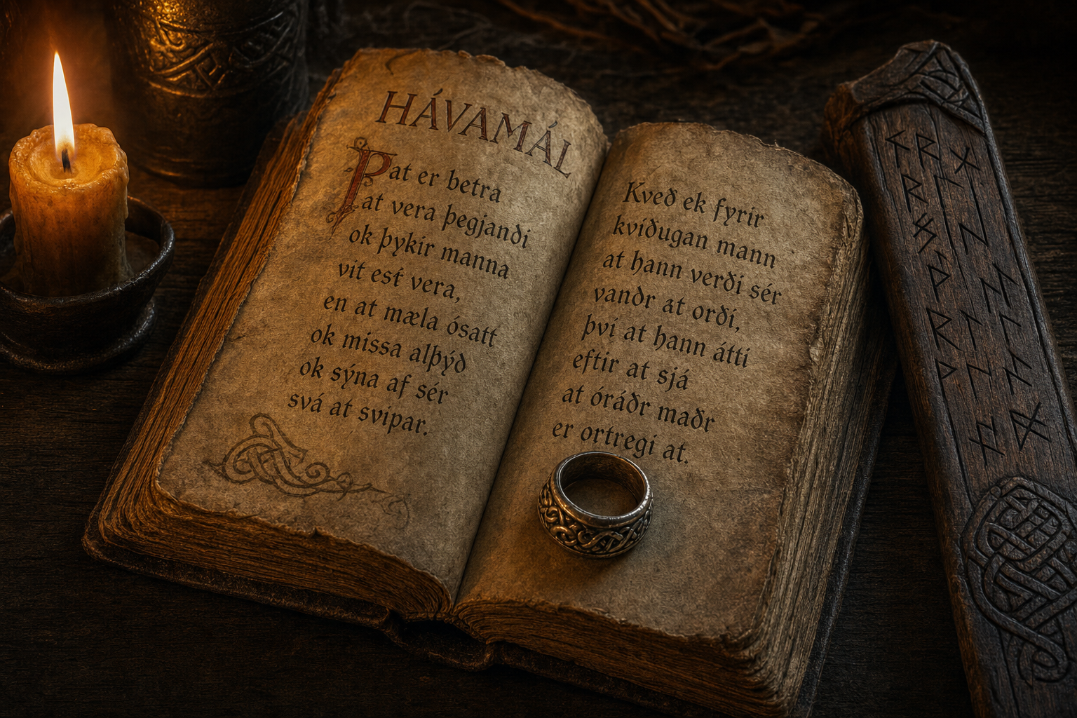 An open copy of the Hávamál with a runic inscription and a Viking ring resting on the page