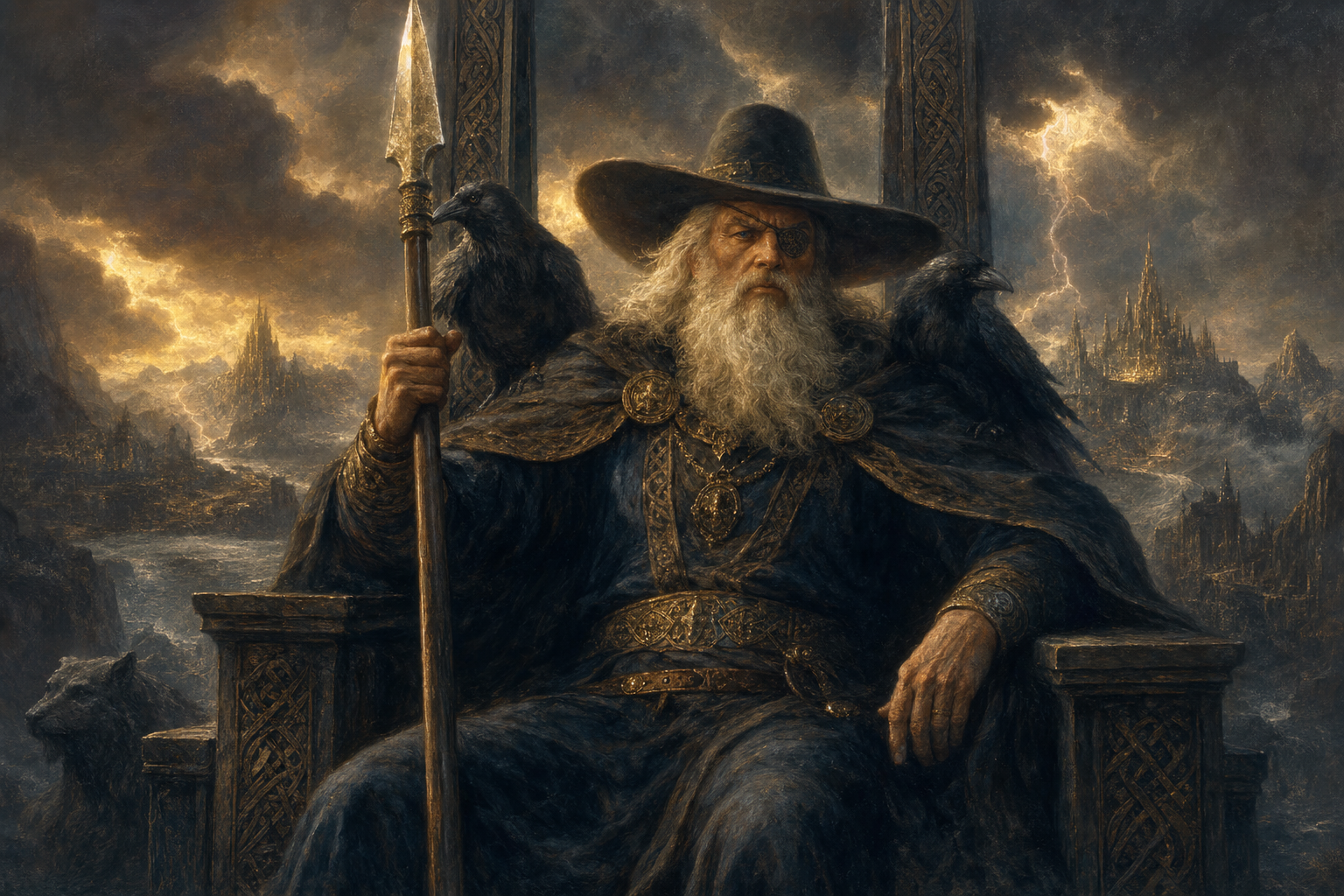 Odin the Allfather seated on his throne Hlidskjalf with ravens Huginn and Muninn on his shoulders, overlooking the Nine Realms