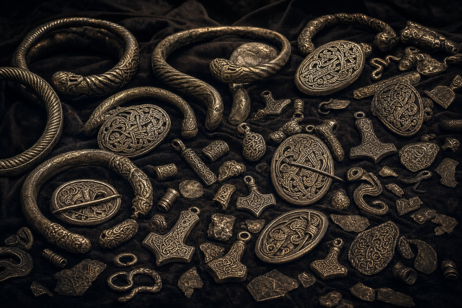 A display of Viking Age silver jewellery including arm rings, brooches, and pendants excavated from a Norse hoard, showing intricate knotwork and animal designs