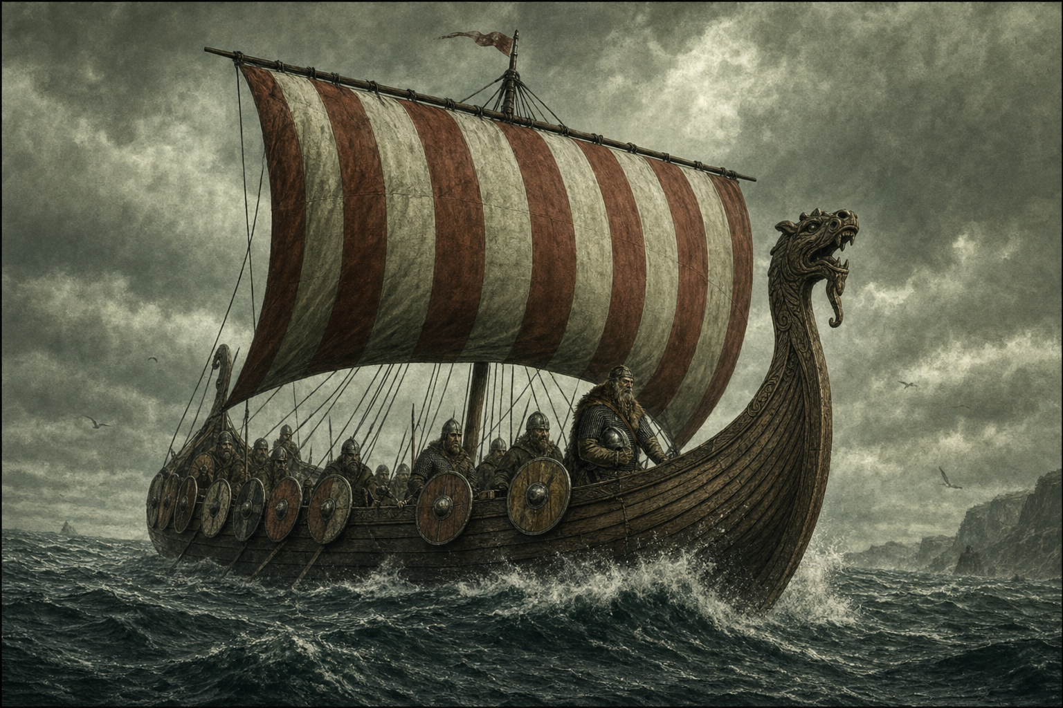 Replica Viking longship under sail on open water, showing the characteristic clinker-built hull and striped woollen sail