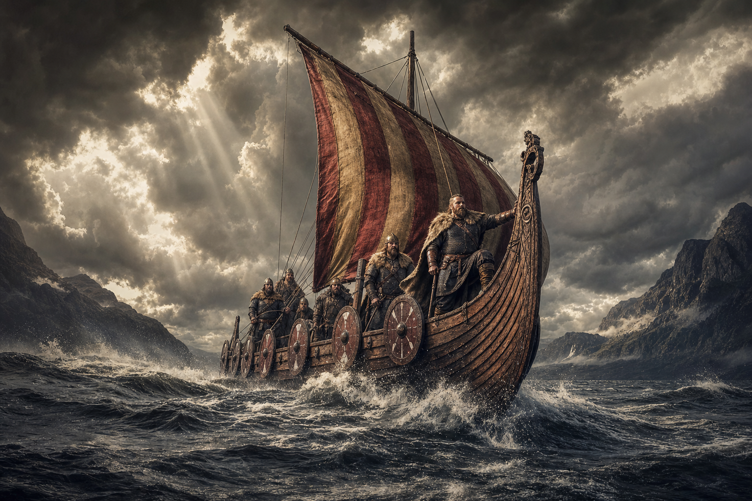 A Viking longship at sea with its striped sail full of wind, cutting through grey Atlantic waves with a crew of Norse warriors on board