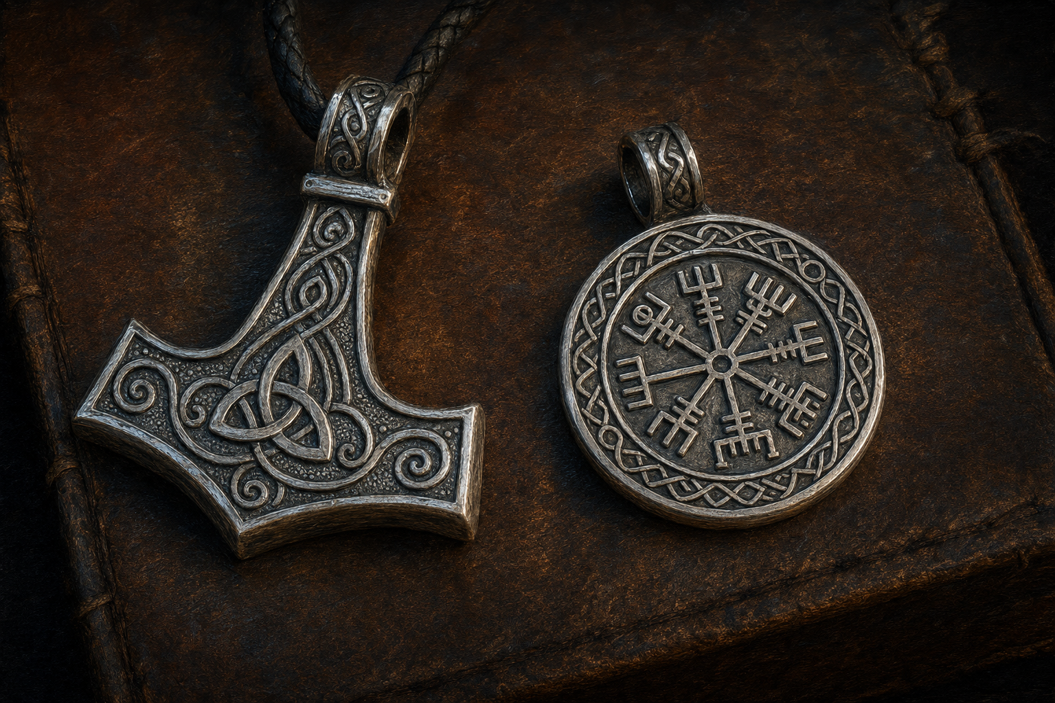 Viking Mjolnir pendant and Vegvisir compass pendant displayed on dark leather