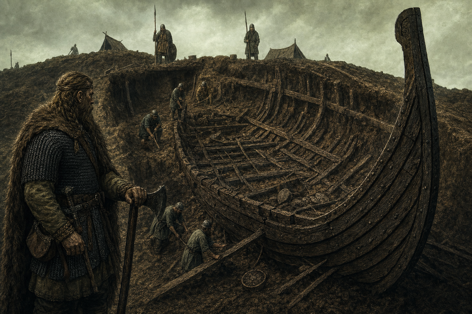 Viking ship burial mound excavation showing the preserved hull timbers of a Norse vessel used as a burial chamber
