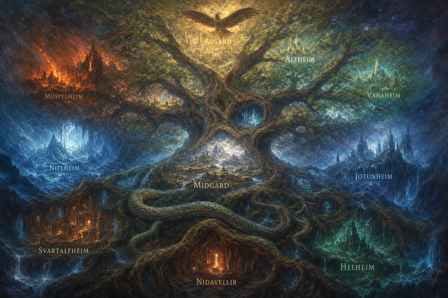 Yggdrasil the World Tree connecting the Nine Realms of Norse cosmology, with its roots in the underworld and branches reaching the heavens
