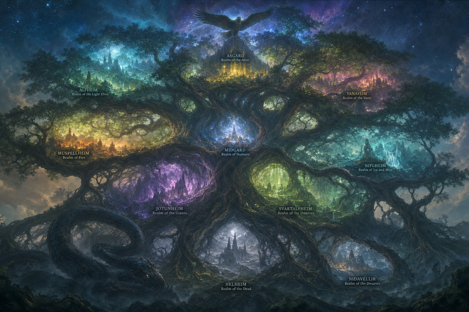 Illustration of Yggdrasil, the great world tree of Norse mythology, connecting the nine realms